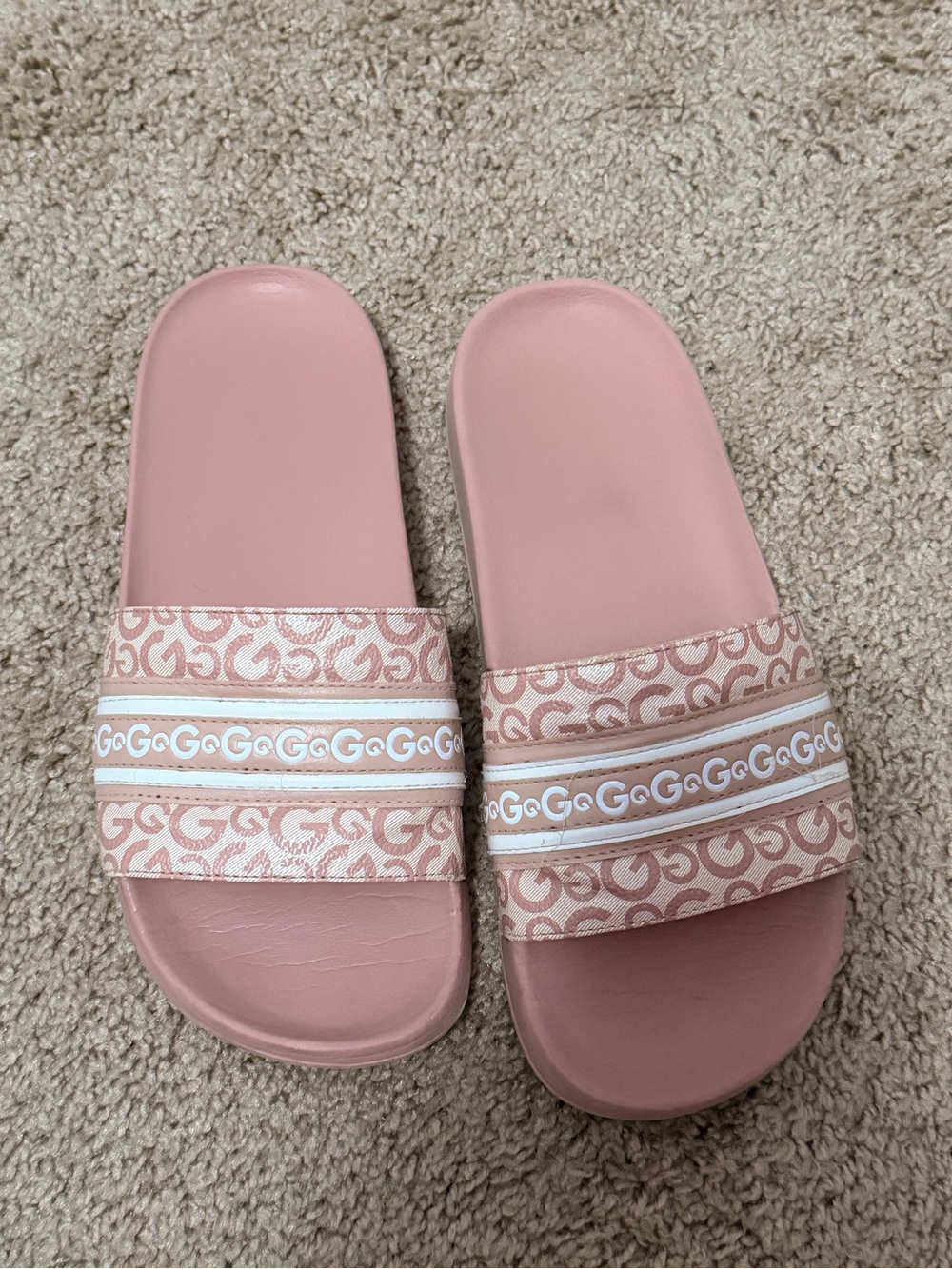 G by Guess Pink Logo Slide Sandals with White Stripe